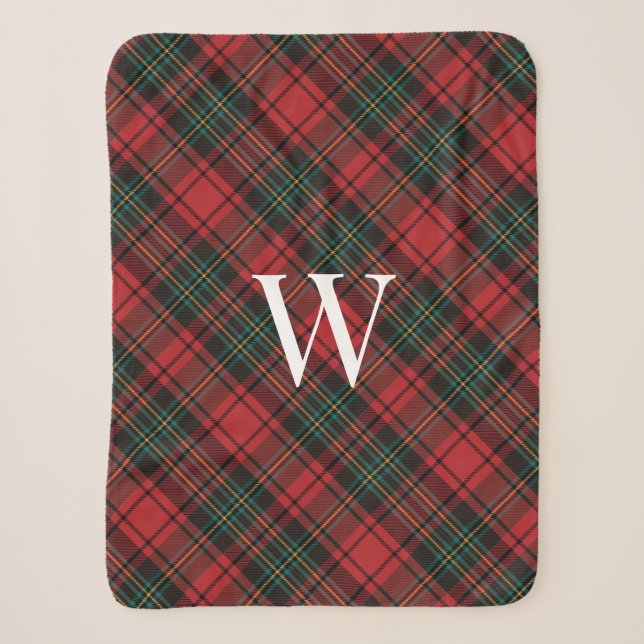 Festive Christmas Holiday Tartan Plaid + Monogram Sherpa Blanket (Front)