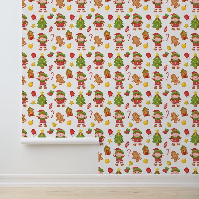 Festive Christmas Holiday tiled elf Wallpaper (Application)