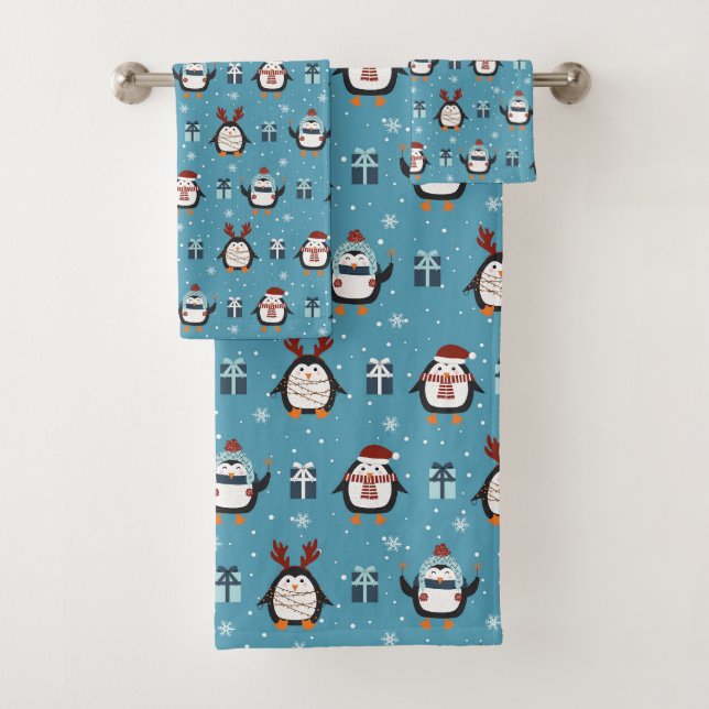 festive Christmas Holiday tiled pattern penguin Bath Towel Set (Insitu)