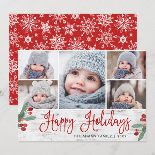 Festive Christmas Holly Berry Rustic 5 PHOTO Holiday Card