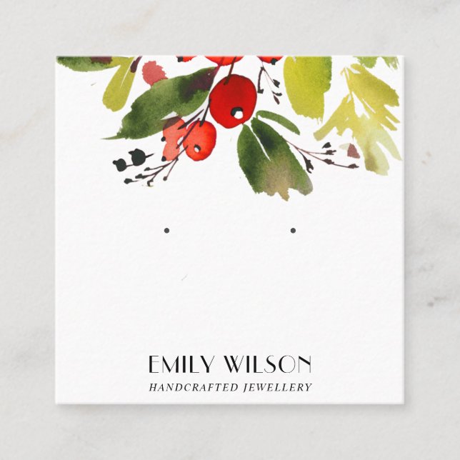 FESTIVE CHRISTMAS HOLLY BERRY STUD EARRING DISPLAY SQUARE BUSINESS CARD (Front)