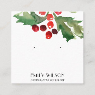 FESTIVE CHRISTMAS HOLLY BERRY STUD EARRING DISPLAY SQUARE BUSINESS CARD