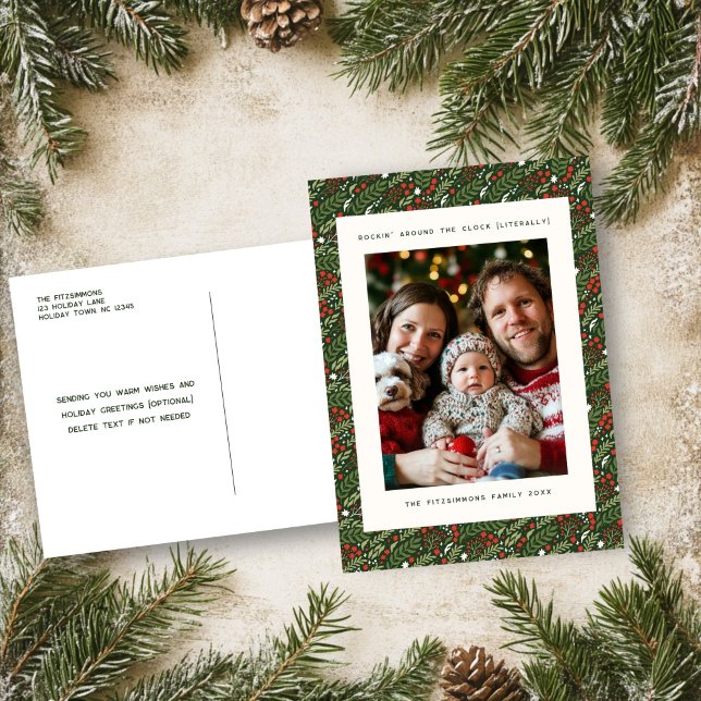 Festive Christmas Holly Leaf Holiday Photo Card (Holly Leaf Christmas vertical photo post card)