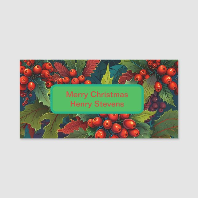 Festive Christmas Holly Name Badge  (Front)