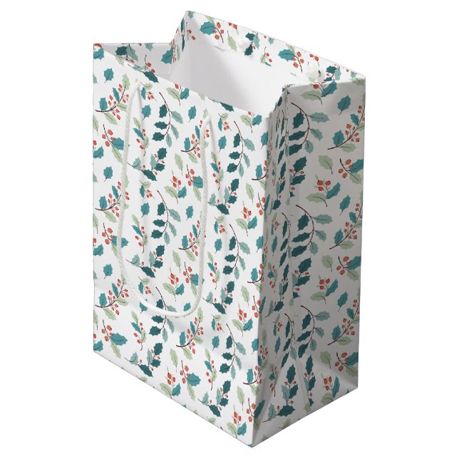 Festive Christmas Holly Red Berries Pattern Medium Gift Bag (Front Angled)