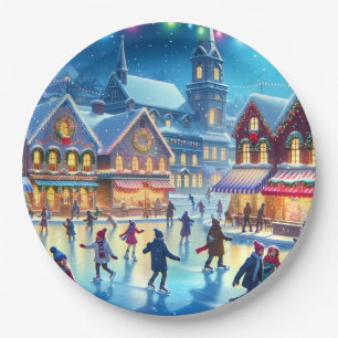Festive Christmas Ice Skating Scene Paper Plate