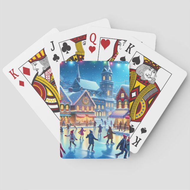 Festive Christmas Ice Skating Scene Playing Cards (Back)