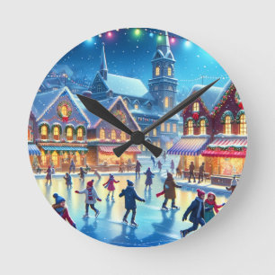Festive Christmas Ice Skating Scene Round Clock