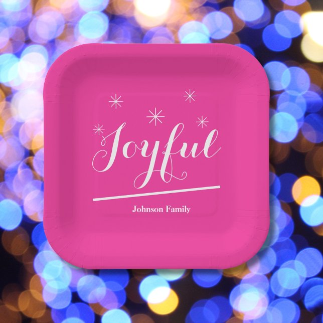 Festive Christmas Joyful Name Modern Chic Pink  Paper Plate (Add some excitement with these Joyful hot pink paper plates.)