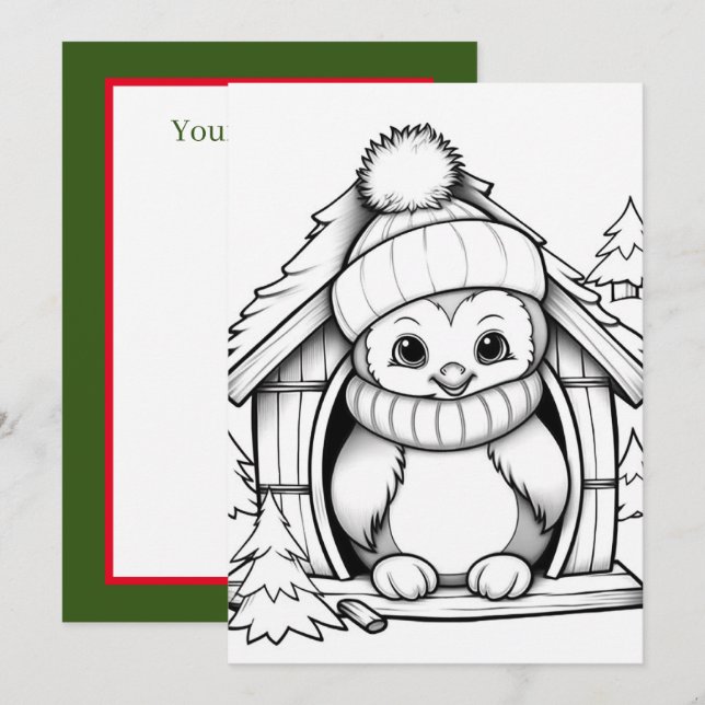Festive Christmas kids colouring penguin Holiday Card (Front/Back)