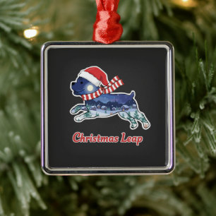 Festive Christmas Leaping Dog Cute Puppy Santa Metal Ornament
