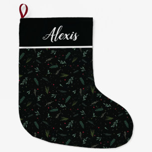 Festive Christmas Leaves Berries Black Large Christmas Stocking