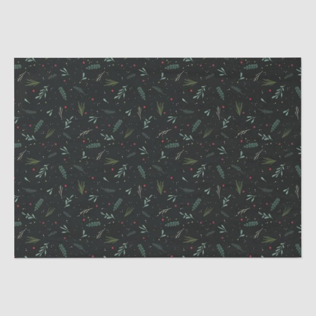 Festive Christmas Leaves Berries Botanical Black Tissue Paper (Front)