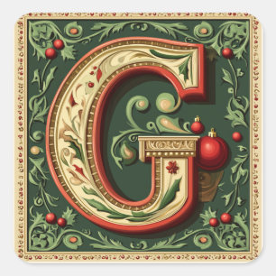 Festive Christmas Letter G with Gold Square Sticker