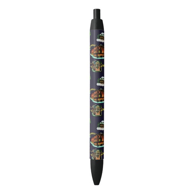 Festive Christmas Light Up Town House Tree Black Ink Pen (Front Vertical)