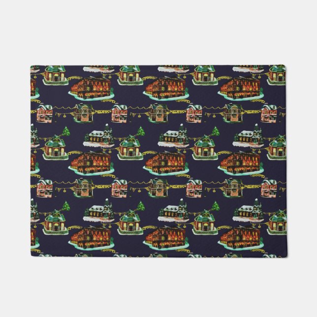 Festive Christmas Light Up Town House Tree Doormat (Front)