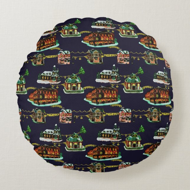 Festive Christmas Light Up Town House Tree Round Pillow (Front)