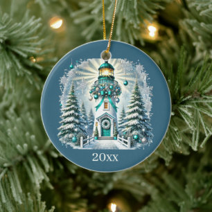 Festive Christmas lighthouse add date message Ceramic Ornament