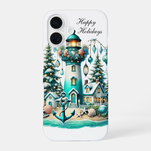 Festive Christmas lighthouse Holiday customizable  iPhone 16 Case (Back)