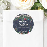 Festive Christmas lights pine branches snow blue Classic Round Sticker<br><div class="desc">This Christmas sticker features a classic and festive holiday design with pine branches adorned with ornaments, pinecones, white berries, and candy canes. Set against a rich dark navy blue background with delicate snowfall accents, the sticker includes a personalized message of "Merry Christmas" and warm holiday wishes. The circular format makes...</div>
