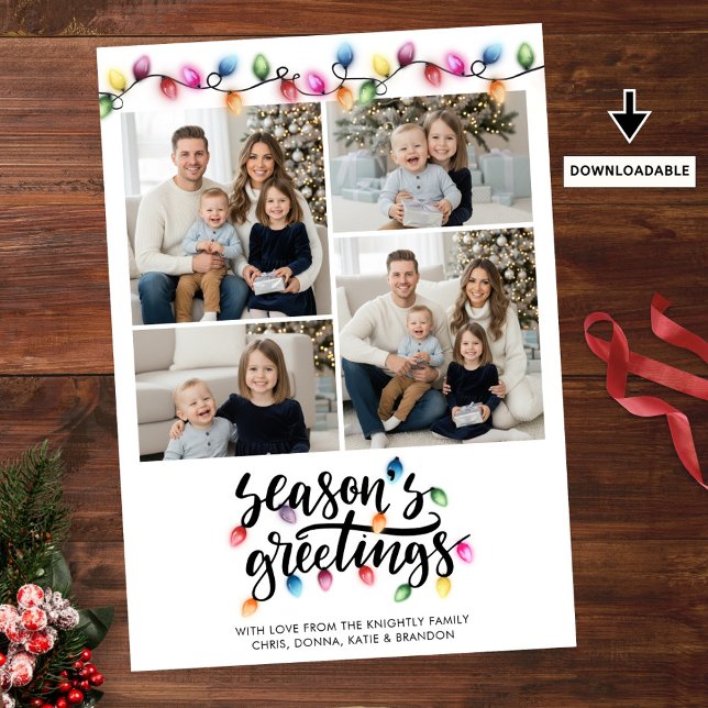 Festive Christmas Lights Seasons Greetings 4 Photo Holiday Card (Creator Uploaded)