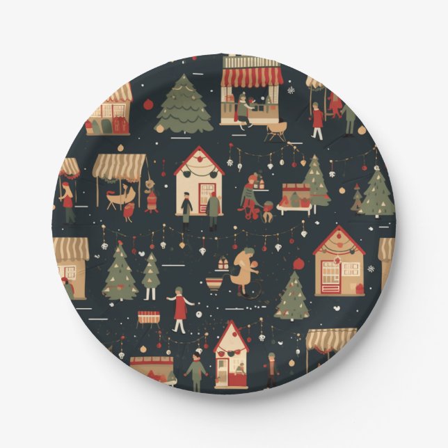 Festive Christmas Market Pattern Paper Plate (Front)