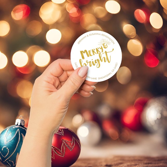 Festive Christmas Merry Bright Gold Foil Address Classic Round Sticker (Festive Christmas Merry Bright Gold Foil Address Classic Round Sticker)