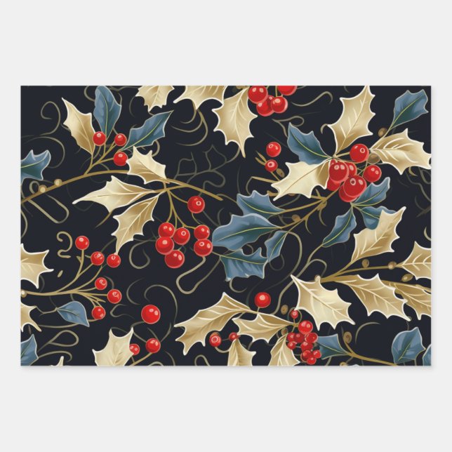 Festive Christmas Mistletoe ,Holly Leaves, Berries Wrapping Paper Sheet (Front)