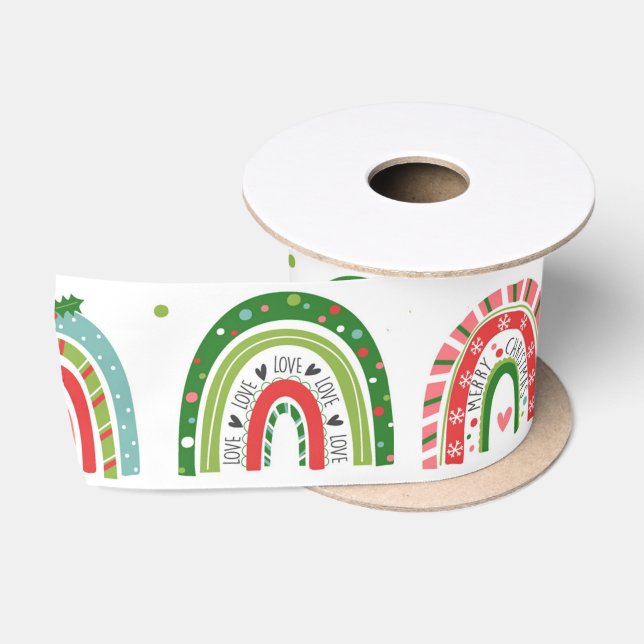 Festive Christmas Modern Rainbow Pattern Satin Ribbon (Spool)