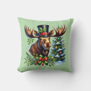 Festive Christmas moose Holiday Throw Pillow