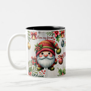 Festive Christmas mug with gnomes, seasonal view