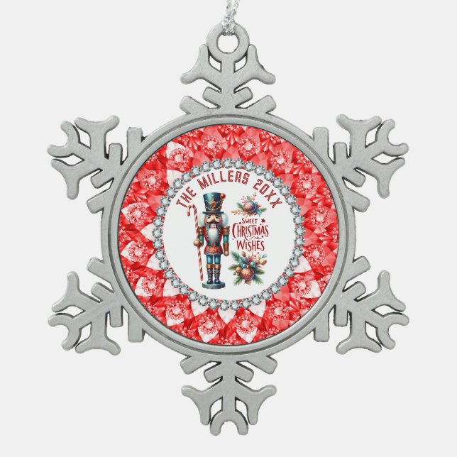 Festive Christmas Nutcrackers Red Diamonds Frame Snowflake Pewter Christmas Ornament (Front)