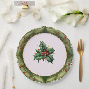 Festive Christmas Olive Green Holly  Paper Plate