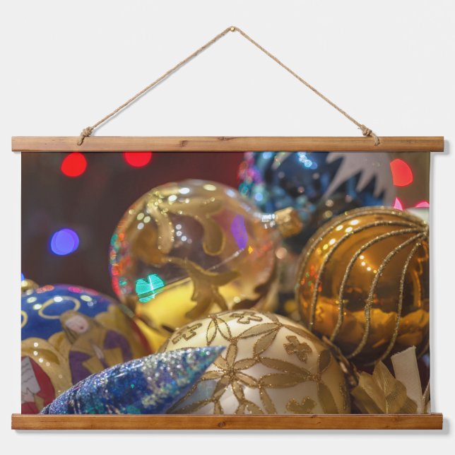Festive Christmas Ornaments Close-Up Hanging Tapestry (Front)