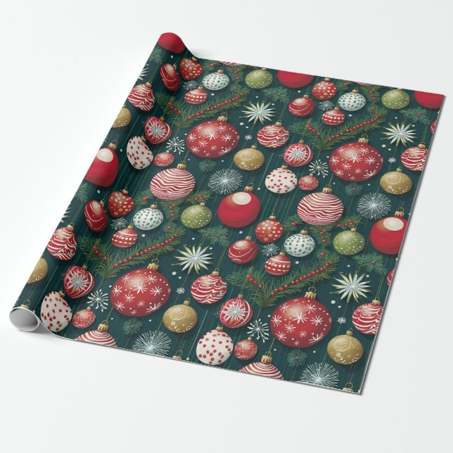 Festive Christmas Ornaments Illustrations Wrapping Paper (Unrolled)