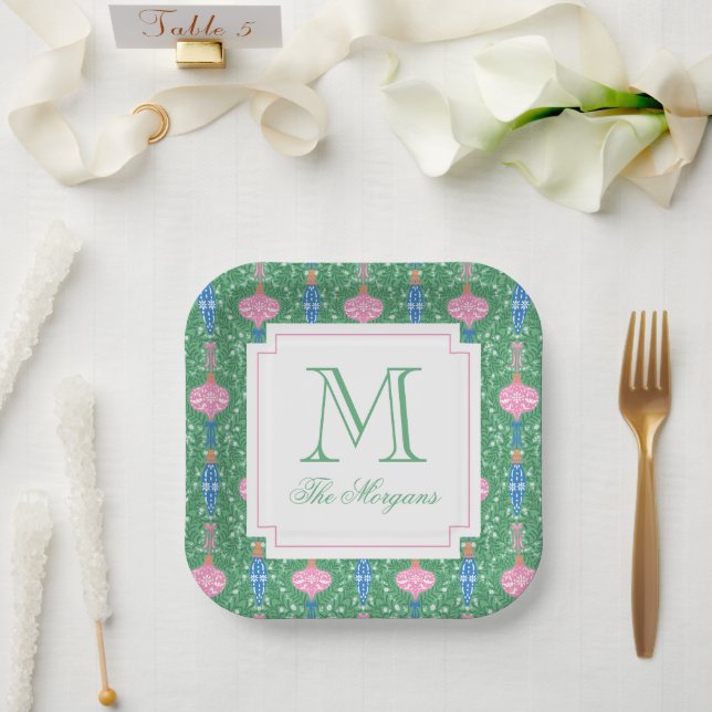 Festive Christmas Ornaments Monogram Paper Plate (Wedding)