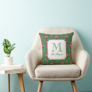 Festive Christmas Ornaments Monogram Throw Pillow