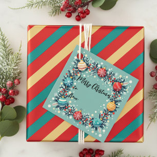 Festive Christmas Ornaments Wreath on Teal Favour Tags
