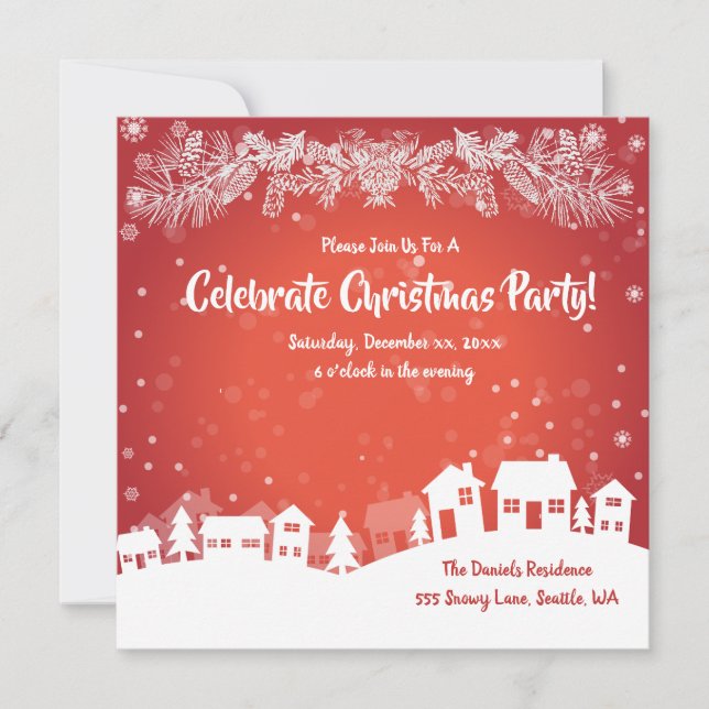 Festive Christmas Party, Red, White, Announcement (Front)