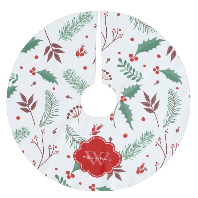 Festive Christmas Pattern Monogrammed Brushed Polyester Tree Skirt (Front)