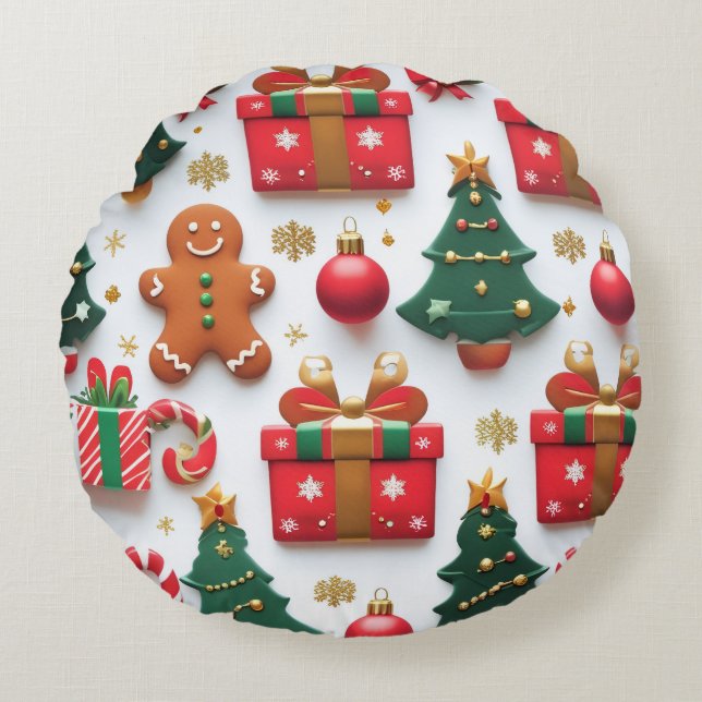 Festive Christmas Pattern Round Pillow (Front)