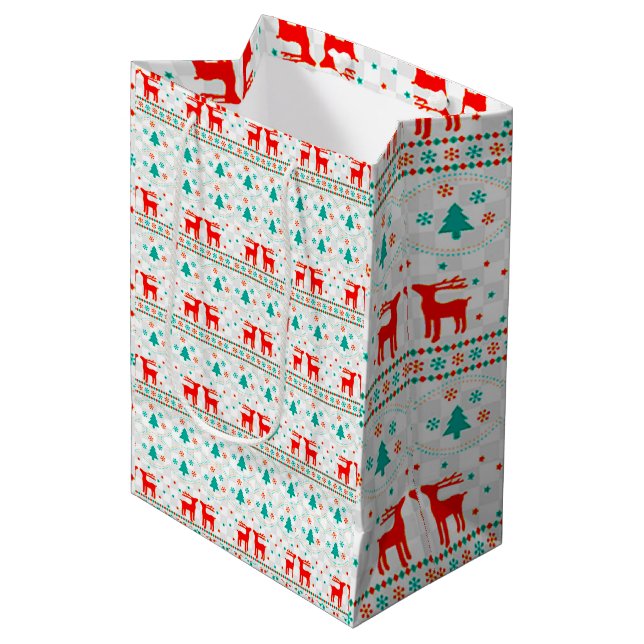 Festive Christmas Pattern with Reindeer Medium Gift Bag (Front Angled)