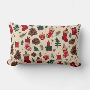 Festive Christmas Pattern with Stockings Lumbar Pillow