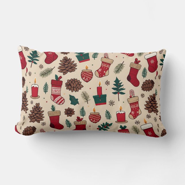 Festive Christmas Pattern with Stockings Lumbar Pillow (Front)