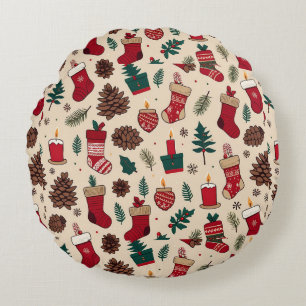 Festive Christmas Pattern with Stockings Round Pillow