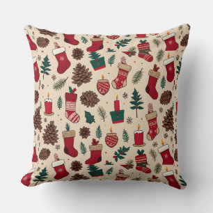 Festive Christmas Pattern with Stockings Throw Pillow