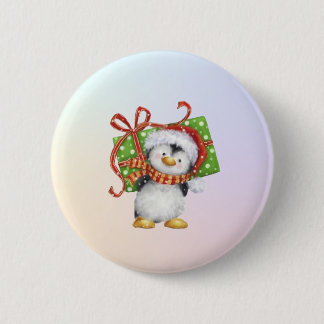 Festive Christmas Penguin with Gift - Holiday Deco 2 Inch Round Button
