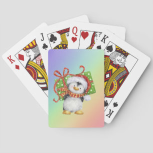 Festive Christmas Penguin with Gift - Holiday Deco Playing Cards