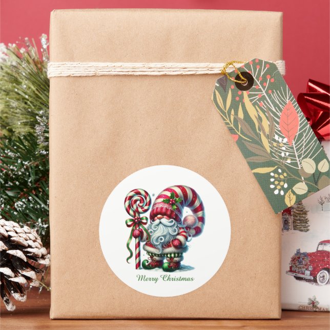 Festive Christmas peppermint gnome Classic Round Sticker (Holiday)