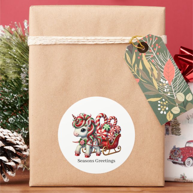 Festive Christmas peppermint unicorn customizable  Classic Round Sticker (Holiday)